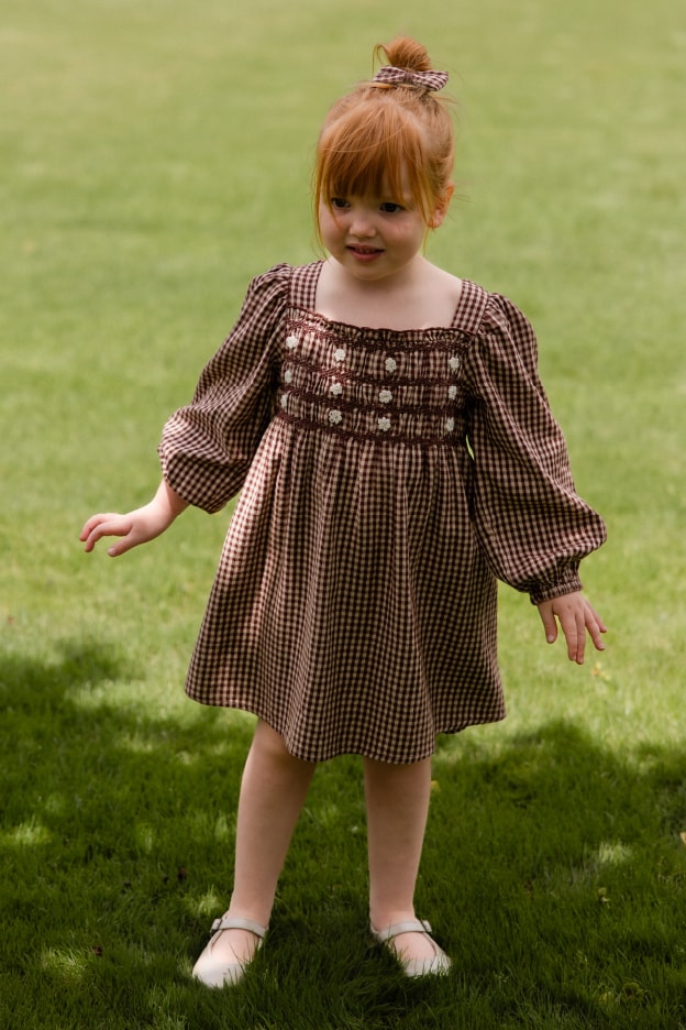 長袖スモッキングワンピース Cinnamon Gingham