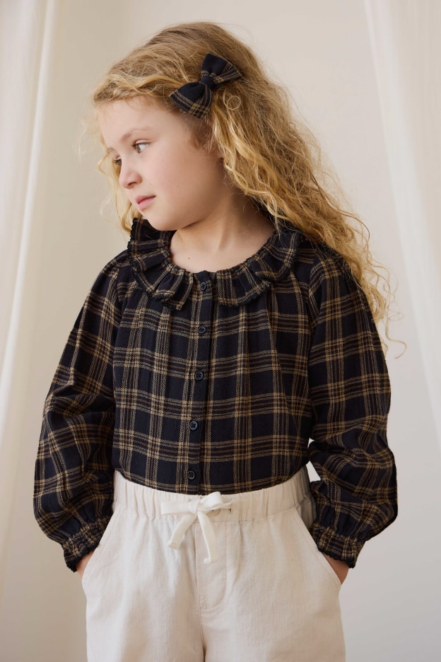 長袖フリルブラウス Woodland Check